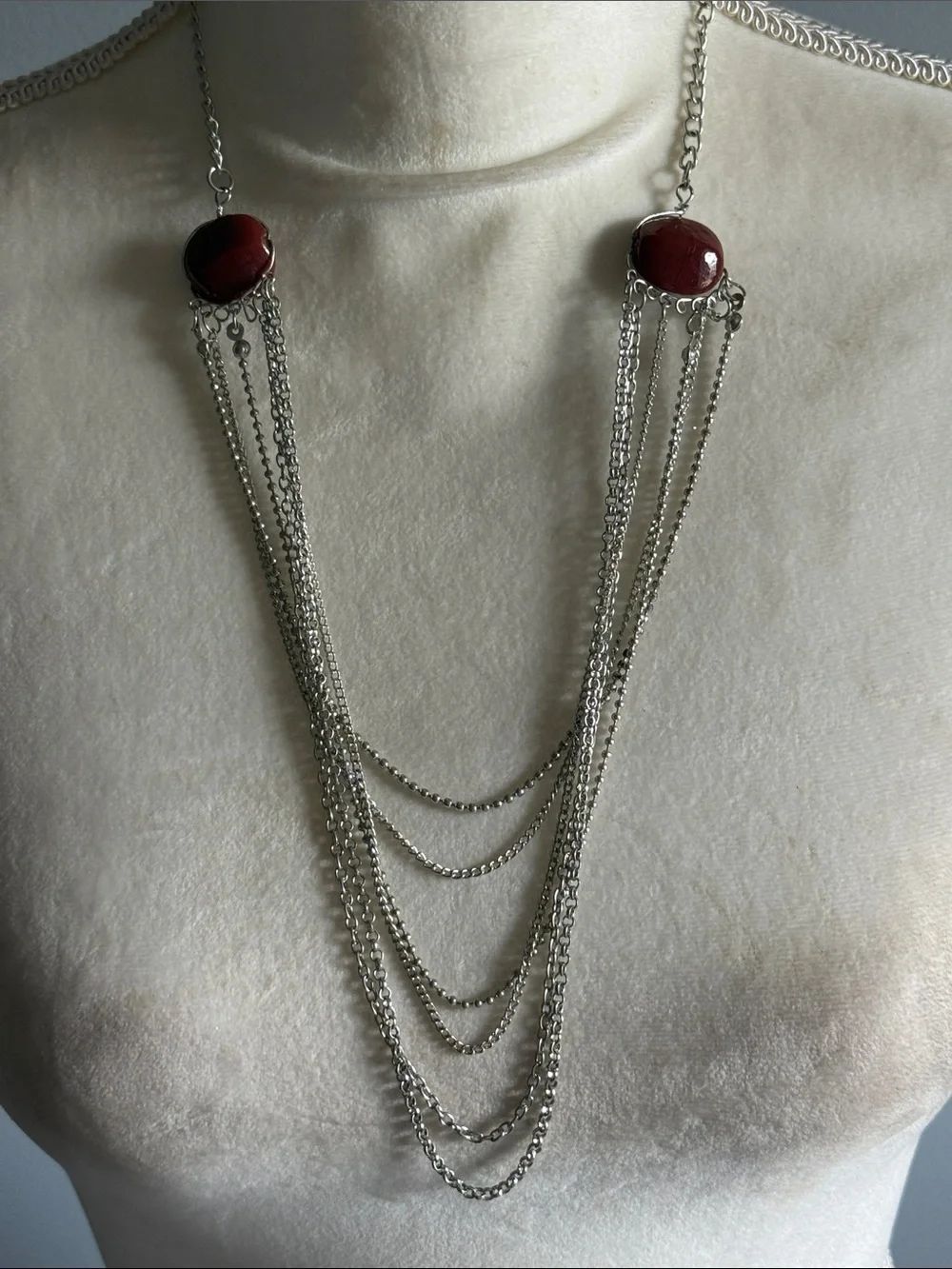 Elegant Silver Multi-Chain Necklace with Deep Red Stone Accents!